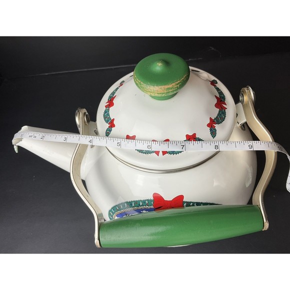 Vintage Mervyn's Porcelain on Steel Holiday Tradition Tea Kettle Winter Sleigh - Picture 11 of 13